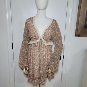 Free People Penny Boho Cottagecore Dress in Ivory Lace Trim Size Medium